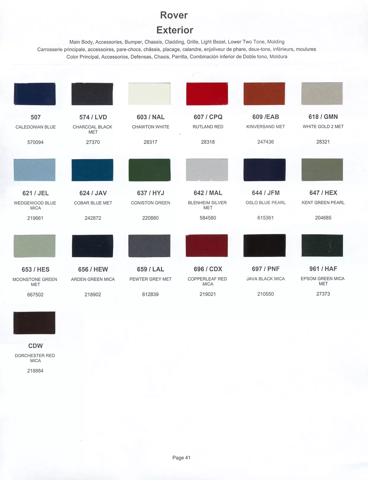 Oem Colors, Paint Codes, Mixing Stock Numbers, and Color Names for 2000 Land Rover Vehicles