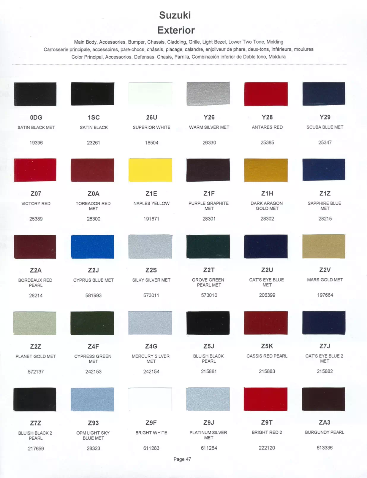 	Oem Colors, Paint Codes, Mixing Stock Numbers, and Color Names for 2001 Suzuki Vehicles