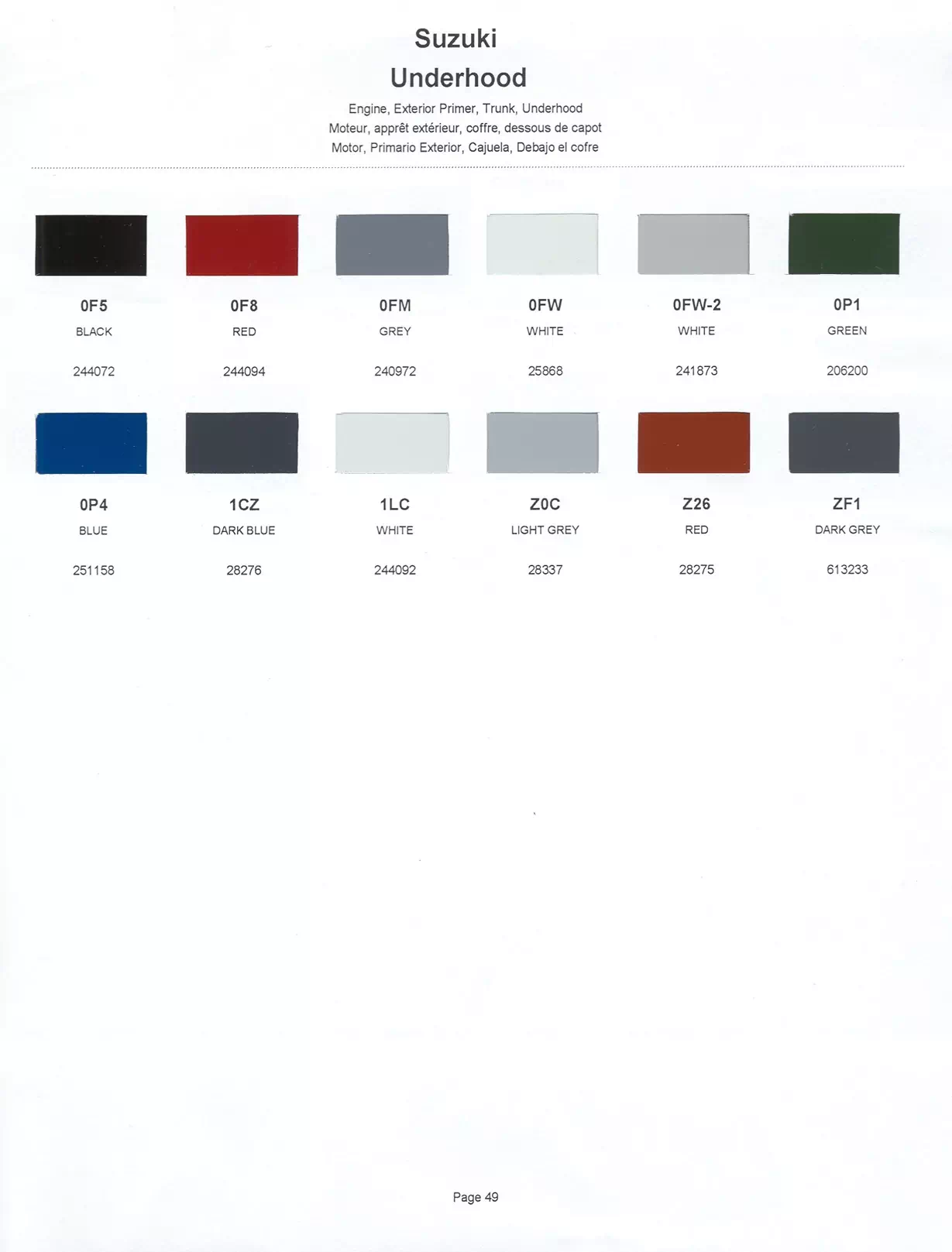 	Oem Colors, Paint Codes, Mixing Stock Numbers, and Color Names for 2001 Suzuki Vehicles