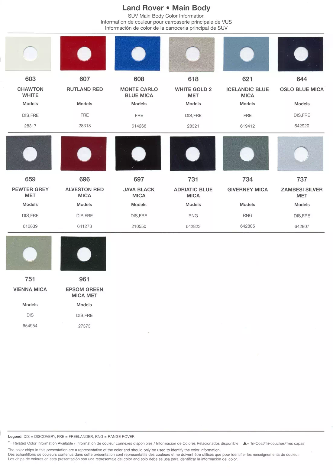 Oem Colors, Paint Codes, Mixing Stock Numbers, and Color Names for 2003 Land Rover Vehicles