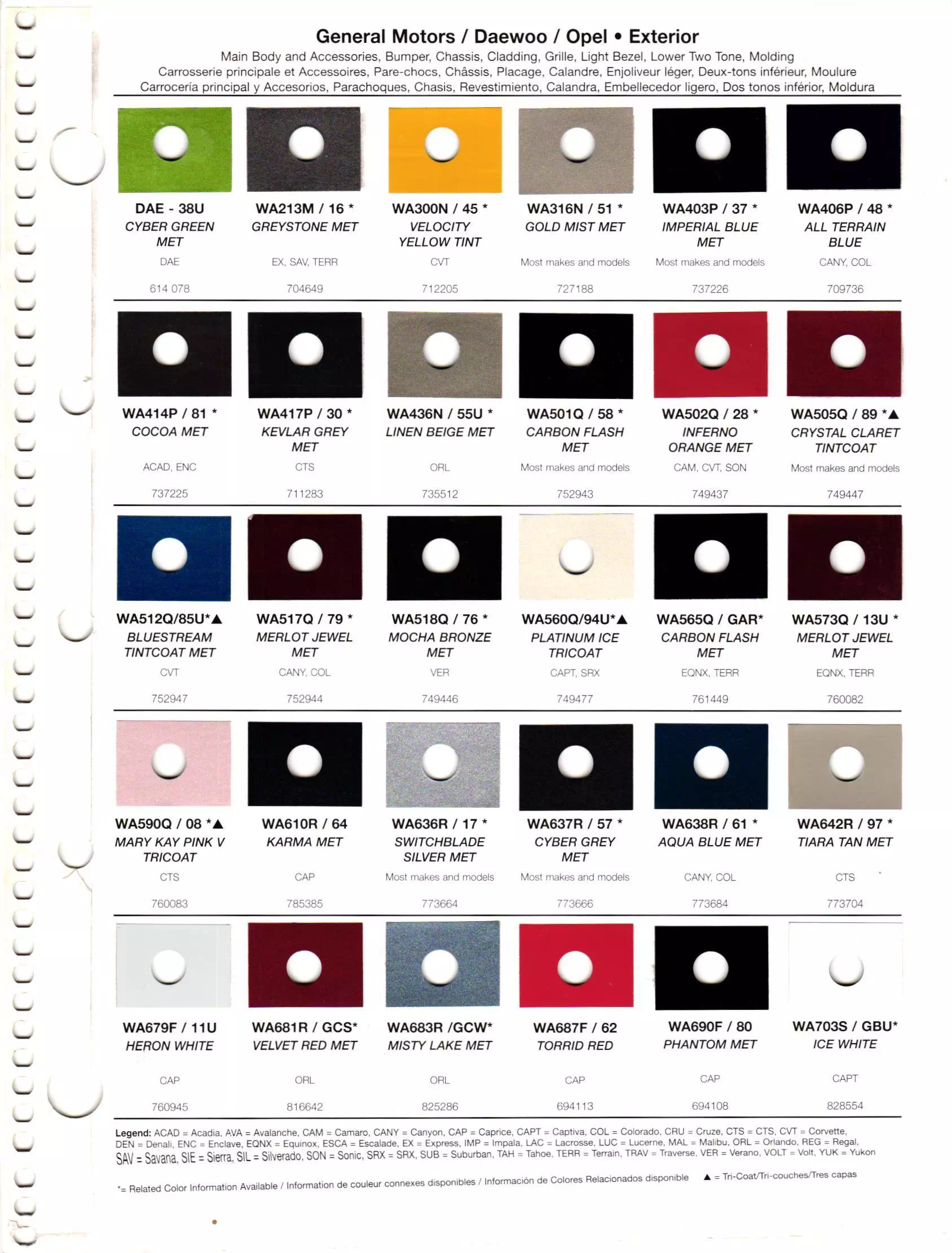 Oem Colors, Paint Codes, Mixing Stock Numbers, and Color Names for 2012 General Motors, Buick, Cadillac, GMC, and Chevrolet Vehicles