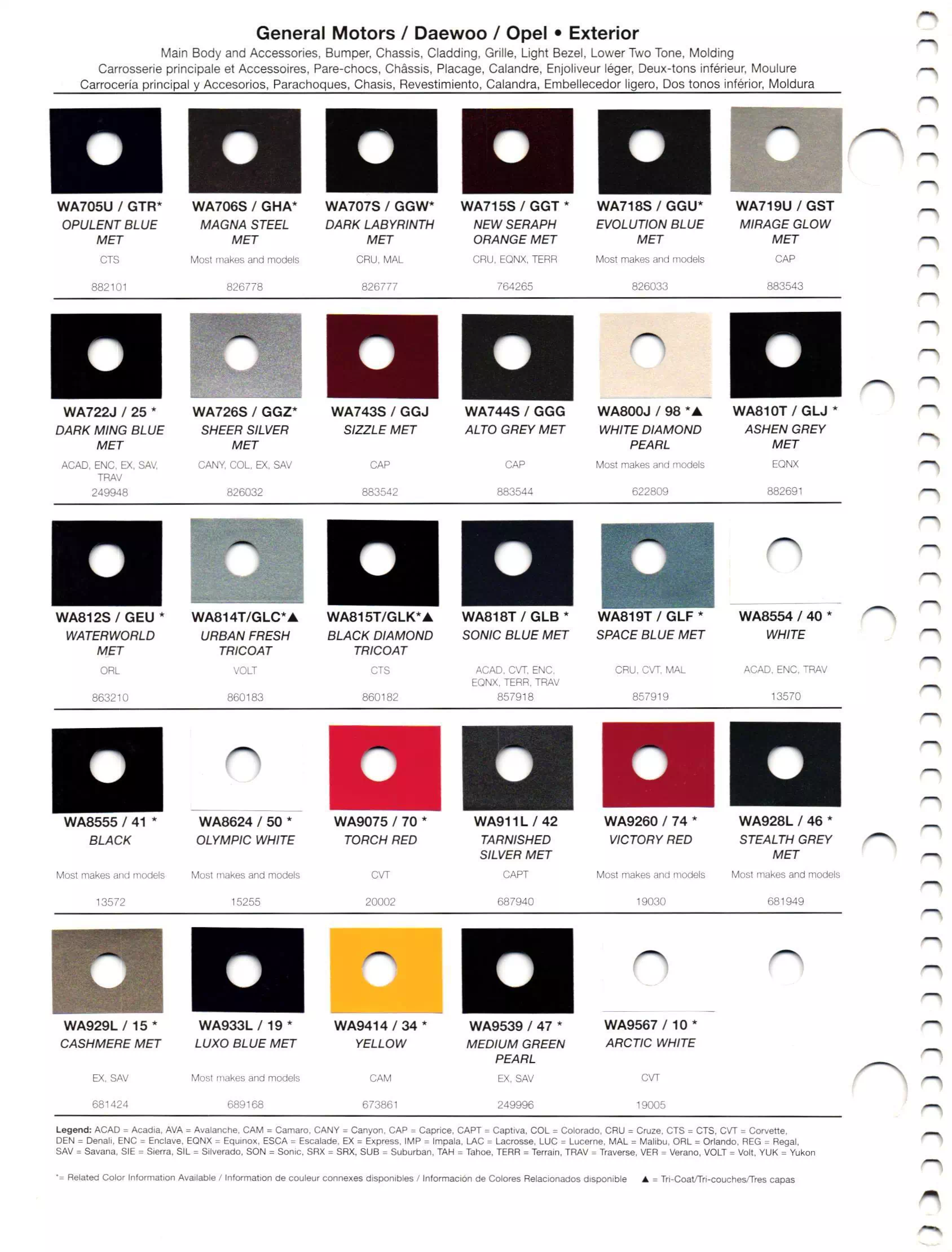 Oem Colors, Paint Codes, Mixing Stock Numbers, and Color Names for 2012 General Motors, Buick, Cadillac, GMC, and Chevrolet Vehicles