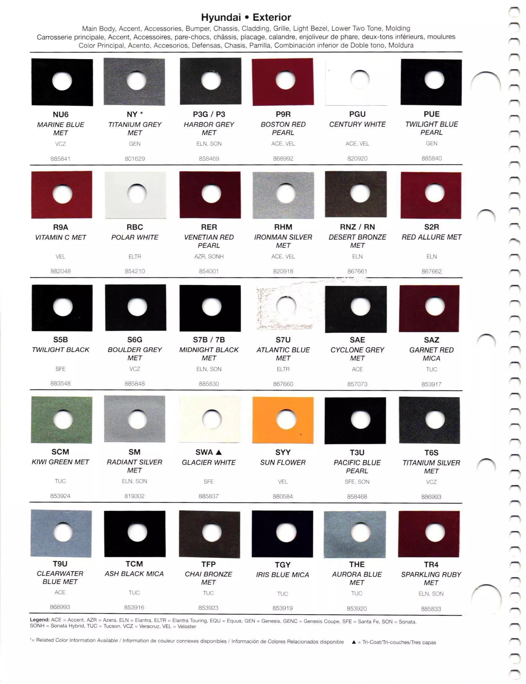 Oem Colors, Paint Codes, Mixing Stock Numbers, and Color Names for 2012 Hyundai and Genesis Vehicles
