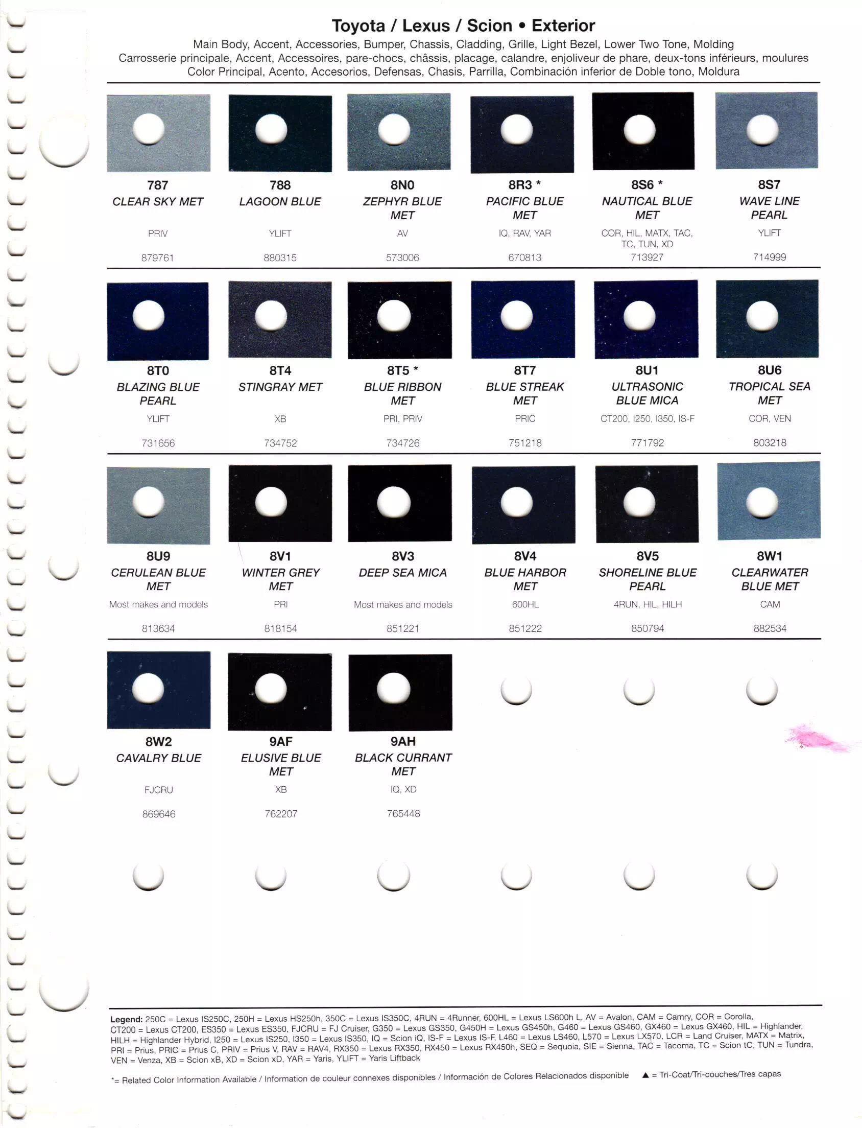 Oem Colors, Paint Codes, Mixing Stock Numbers, and Color Names for 2012 Toyota and Lexus Vehicles
