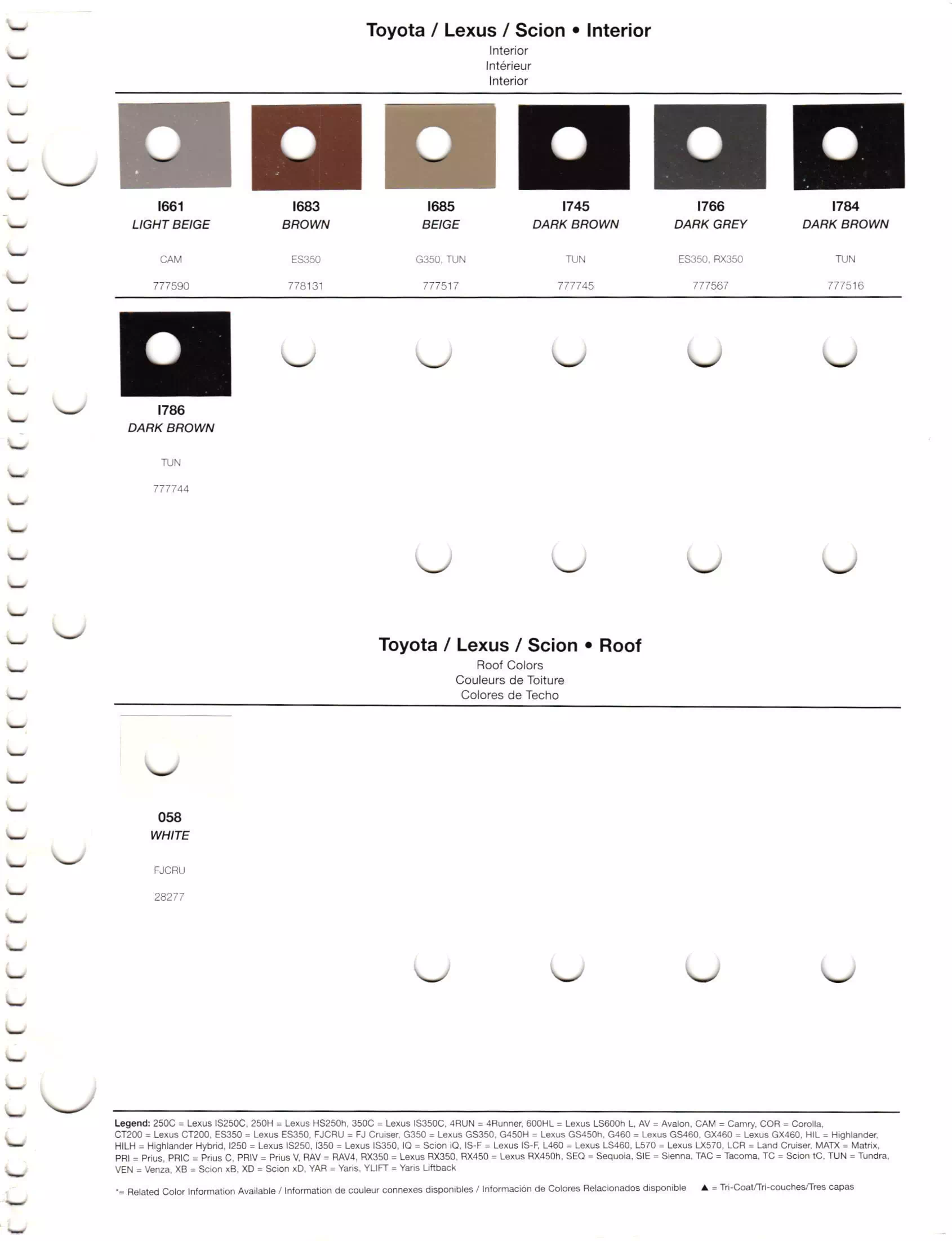Oem Colors, Paint Codes, Mixing Stock Numbers, and Color Names for 2012 Toyota and Lexus Vehicles