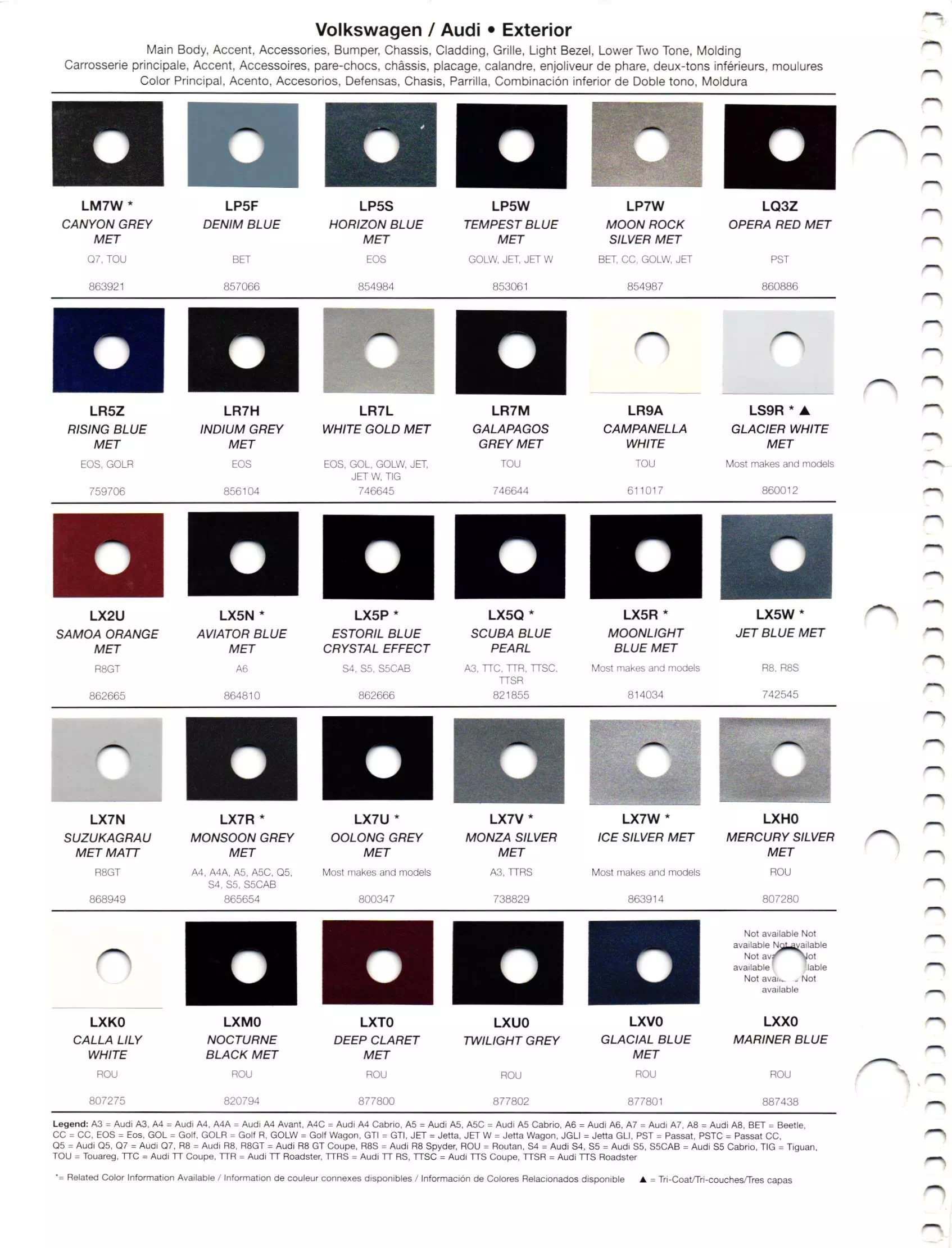 Oem Colors, Paint Codes, Mixing Stock Numbers, and Color Names for 2012 Volkswagen and Audi Vehicles