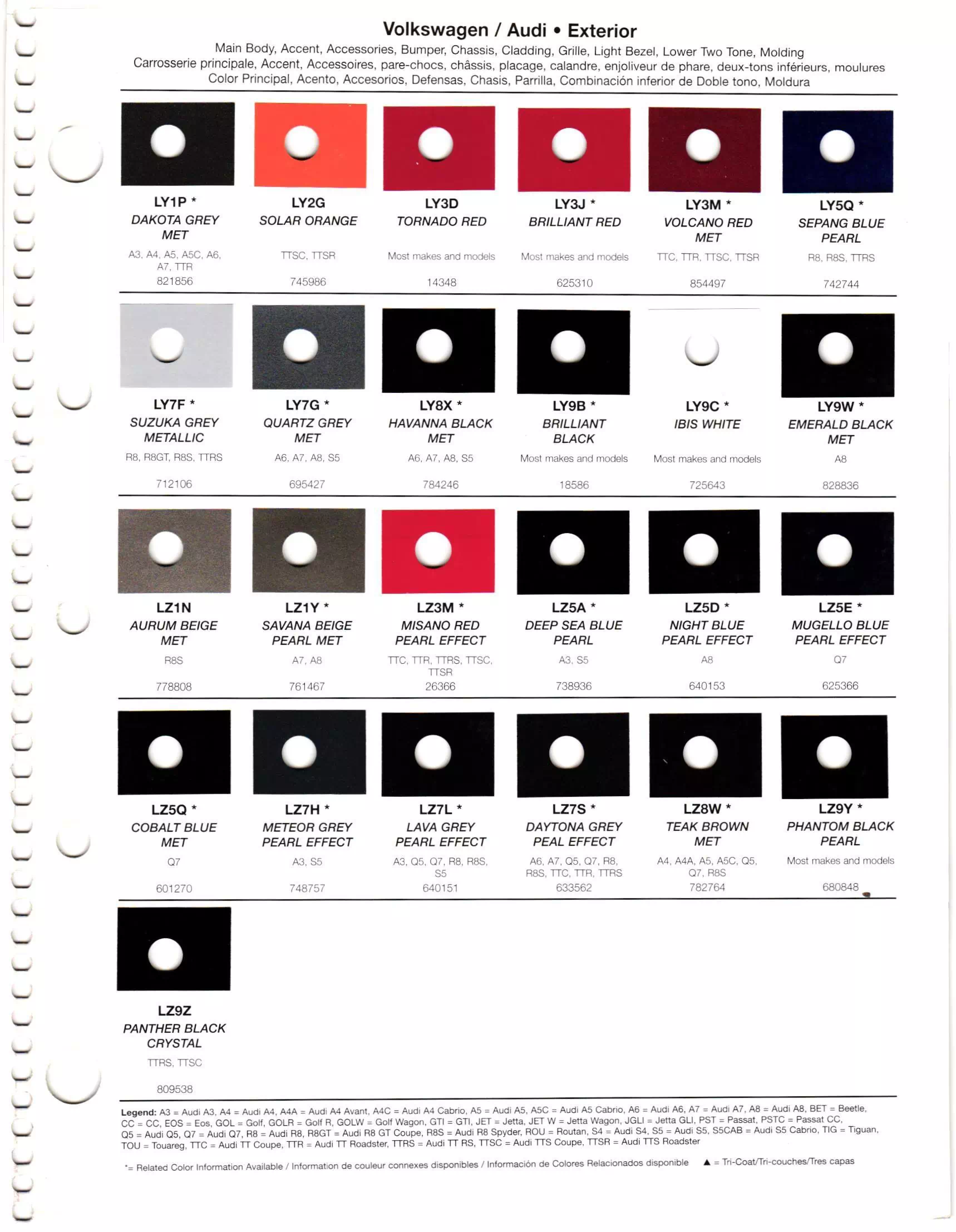 Oem Colors, Paint Codes, Mixing Stock Numbers, and Color Names for 2012 Volkswagen and Audi Vehicles